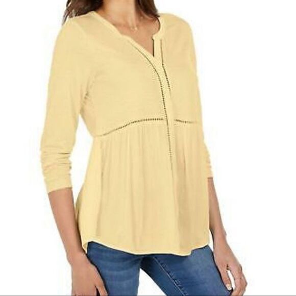 Style & Co. Tops - Style & Co Women's Long Sleeve V-Neck Mixed Woven Top Lemon Meringue Size S NWT